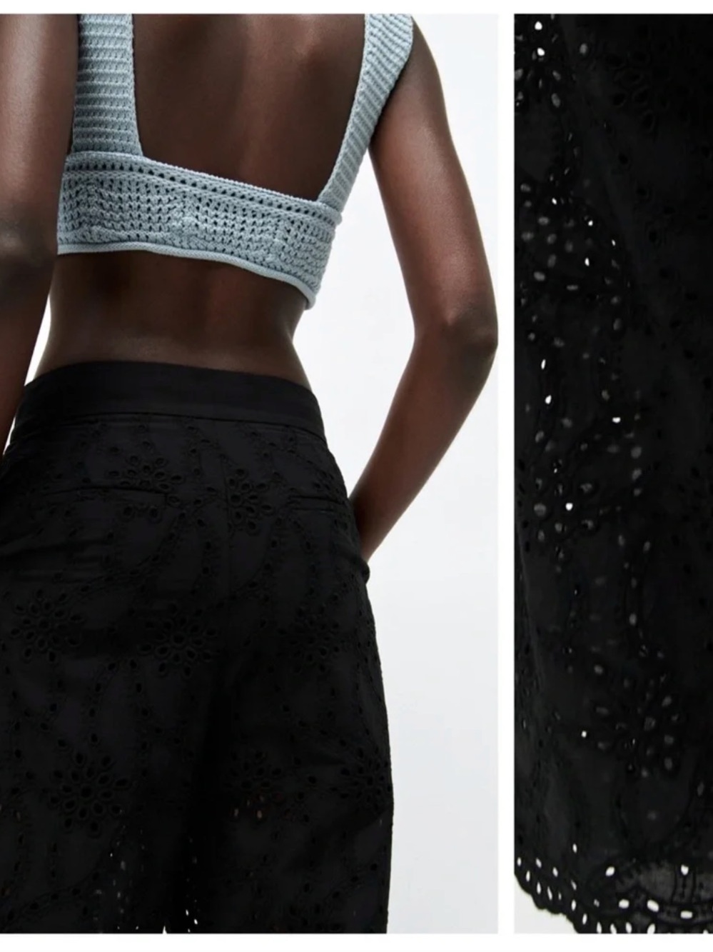 Zara Black Openwork Embroidery Eyelet‎ Cropped Trousers Size L NWT - Picture 7 of 16